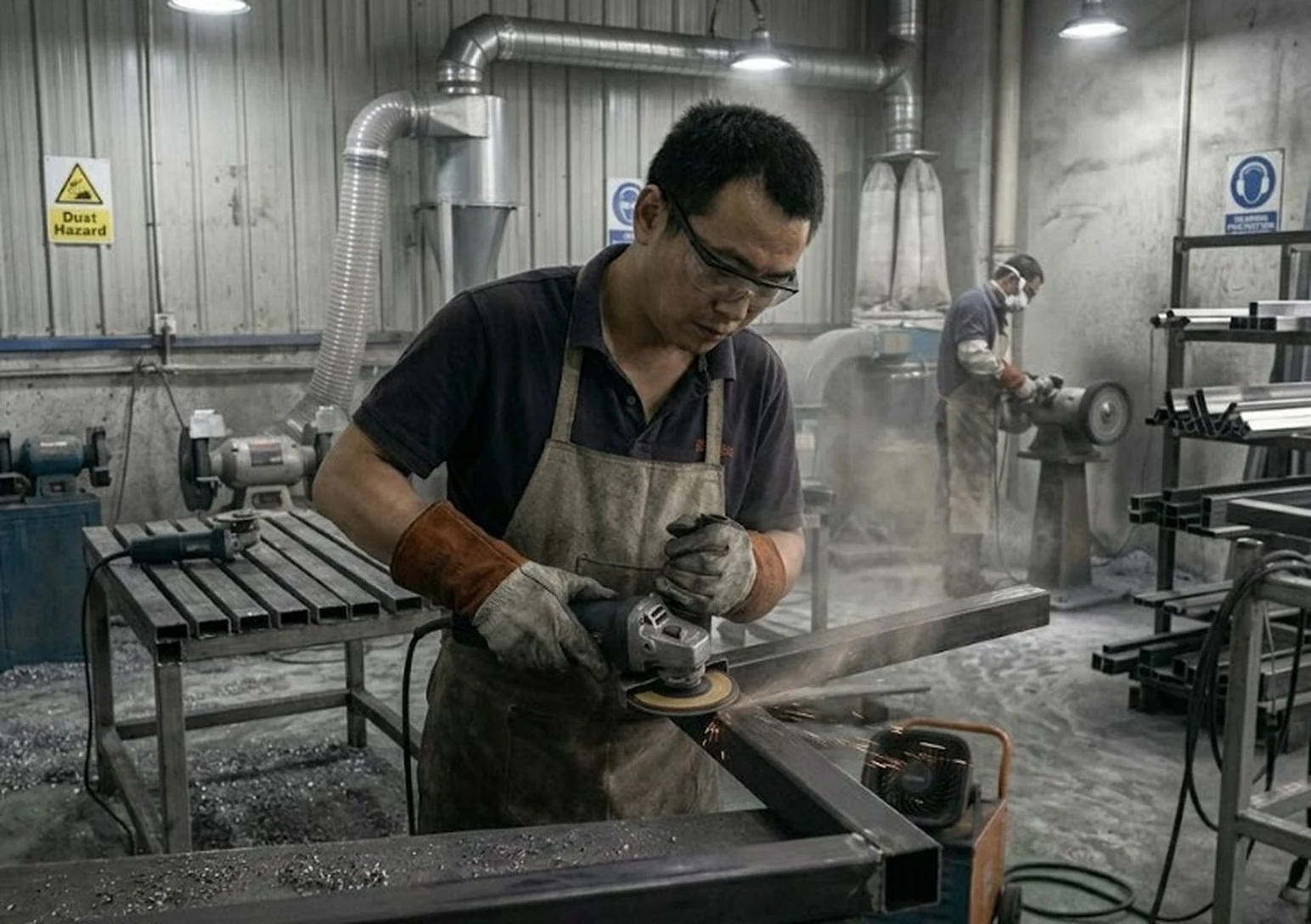 Grinding at the Linhai Hongjie outdoor furniture factory