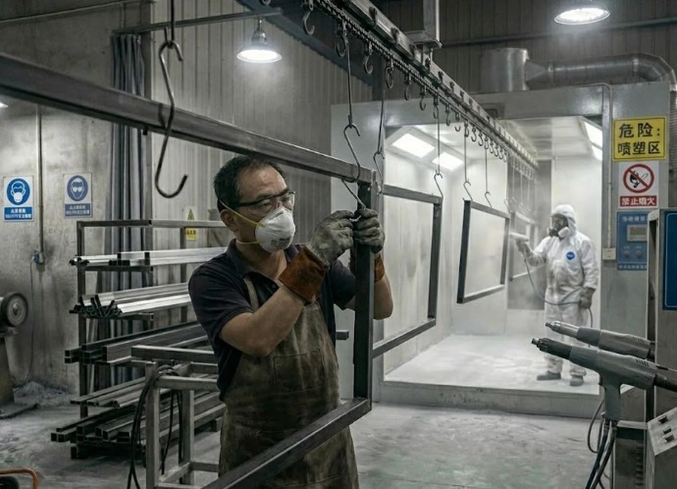 Powder coating at the Linhai Hongjie outdoor furniture factory