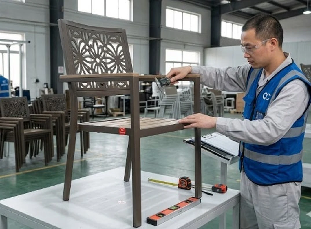 Quality inspection at the Linhai Hongjie outdoor furniture factory